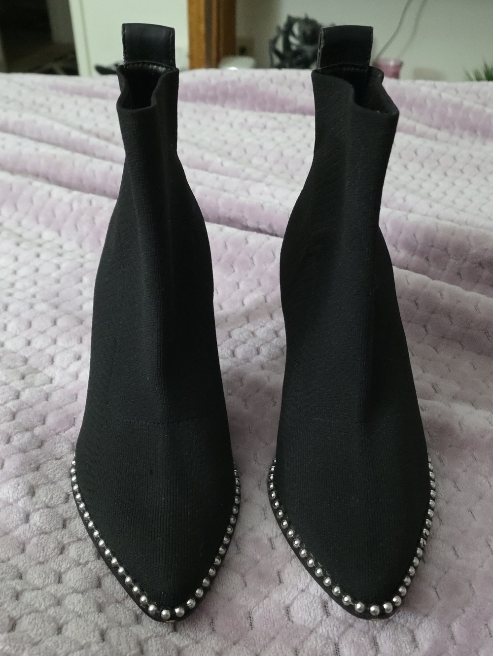 BCBG Black Pointed Sock Booties with Silver Stud Trim